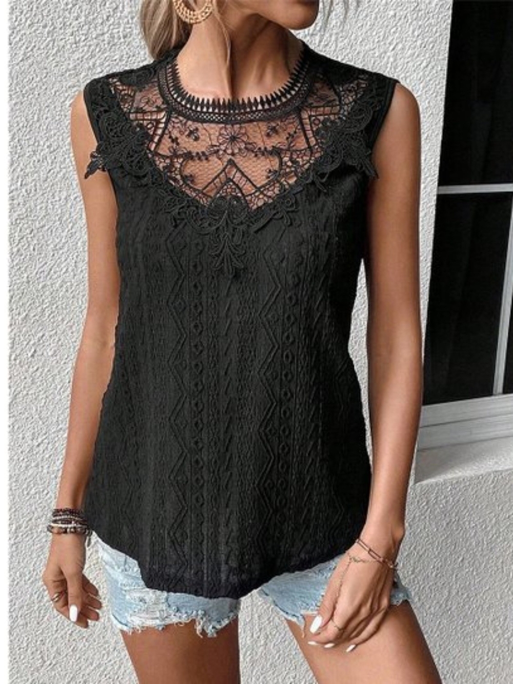 Black Lace Eyelet Sleeveless Top- Full Size & Plus Size